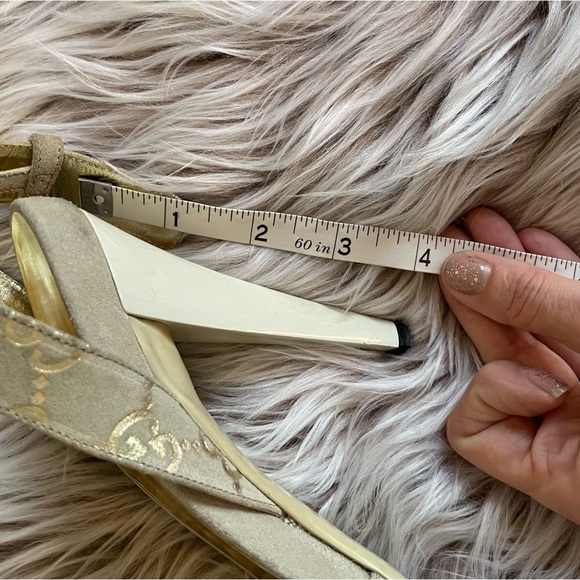 Gucci Gold Monogram Suede Ankle Strap Heels - Picture 10 of 11